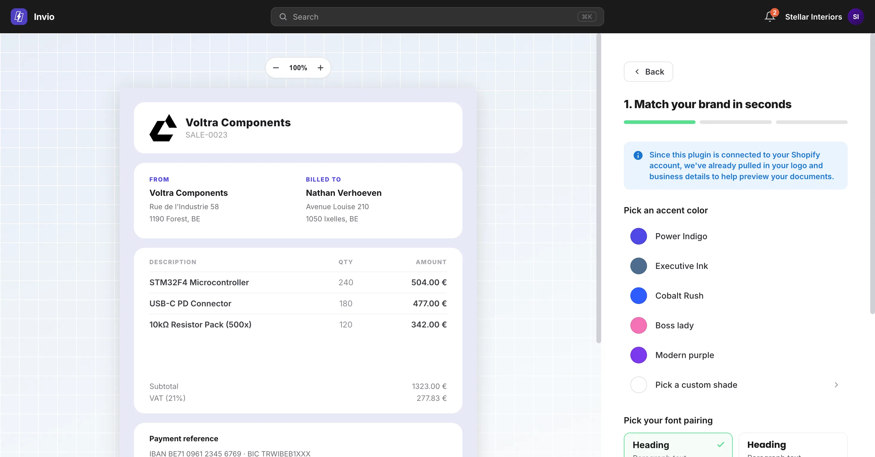 Step 2: accent colour and typography, applied live on the invoice canvas