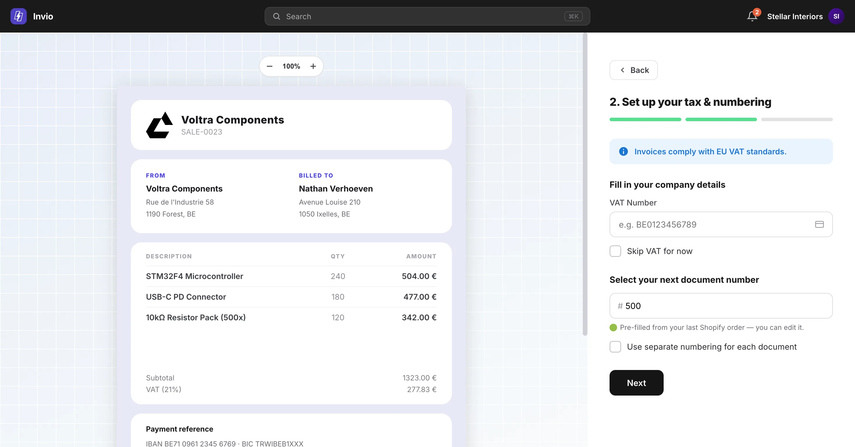 Step 3: EU VAT number and document numbering, next to the live invoice