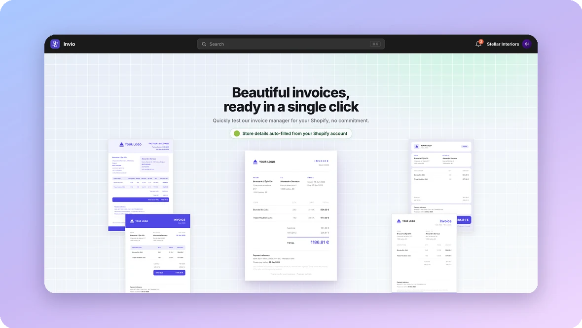Invio: the welcome screen, with ready-made invoice templates