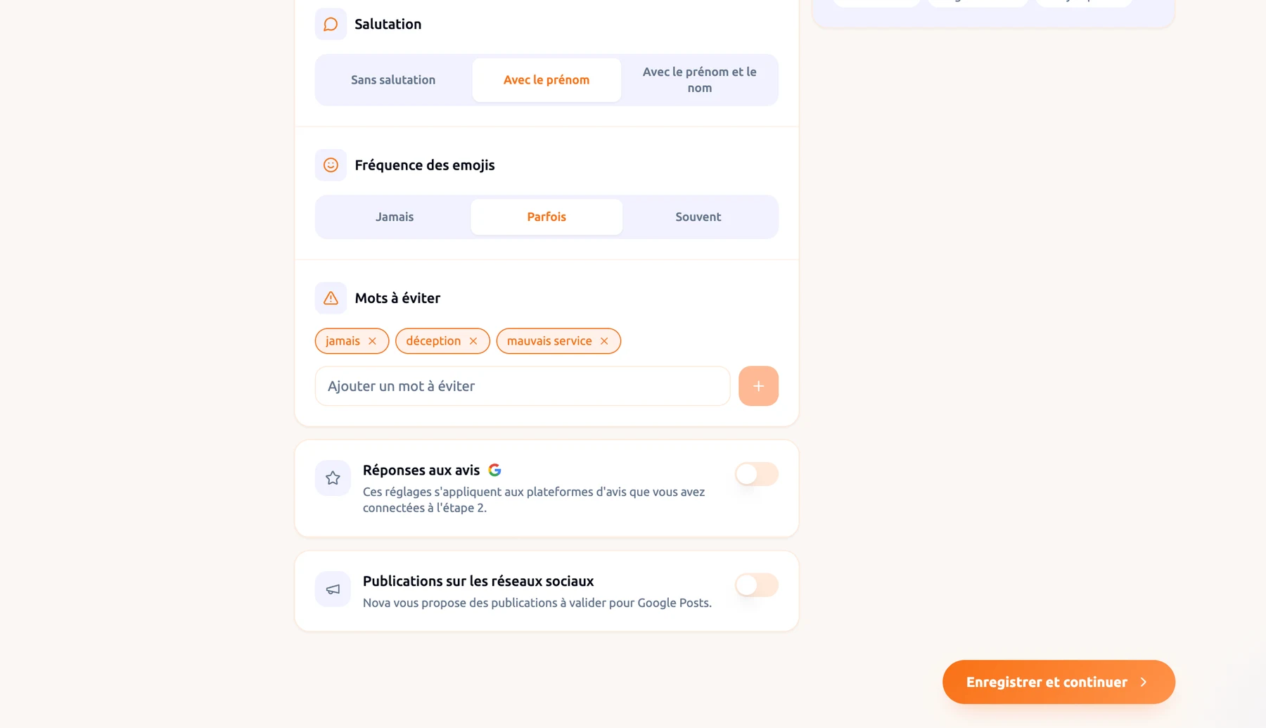 Step 3: shared settings, then one card with a toggle for each source