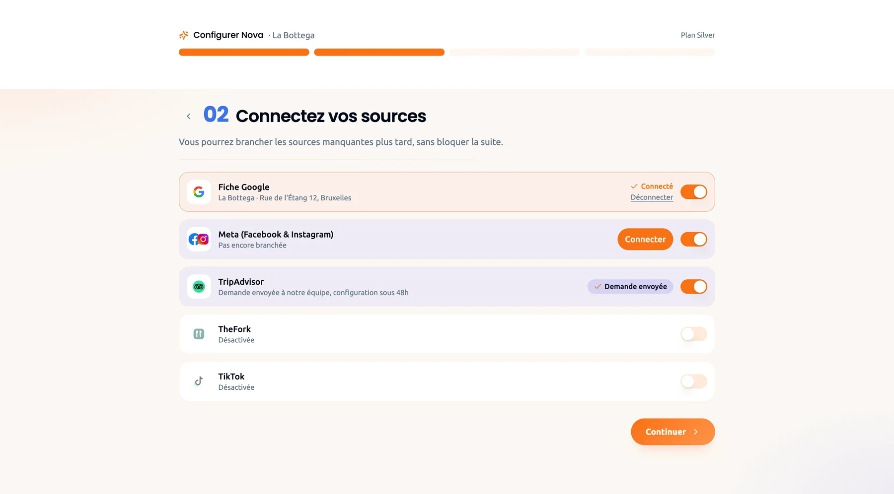 Step 2: connect your sources, with a toggle for Google, Meta, TripAdvisor, TheFork and TikTok