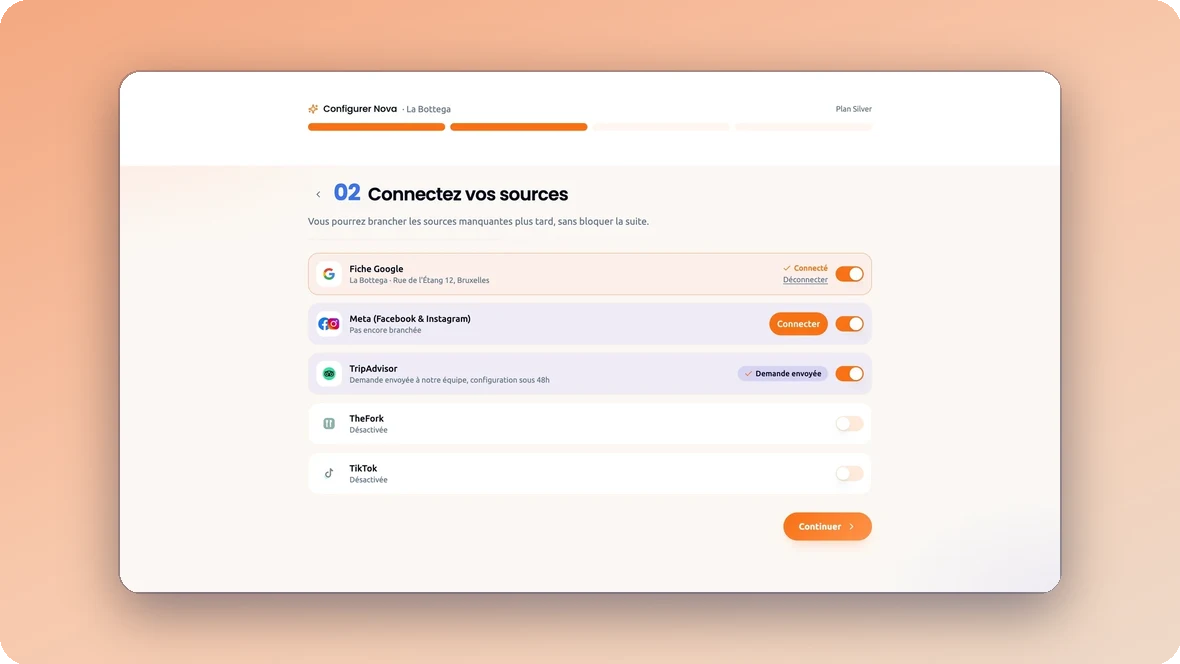 Nova Reply: the new setup step, where users connect their sources