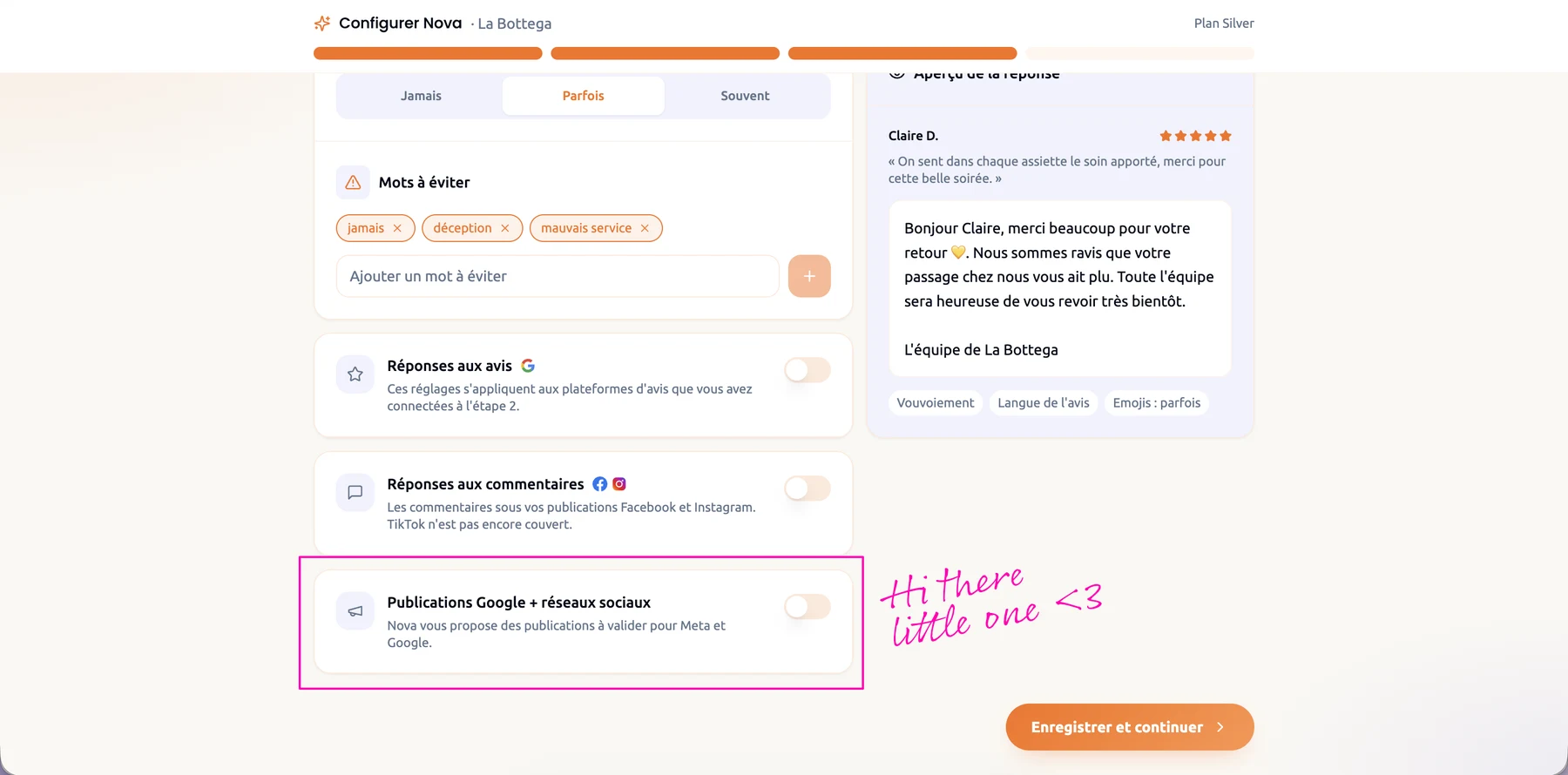 The settings step: a card to turn on posts for Google and social networks, next to the cards for review and comment replies