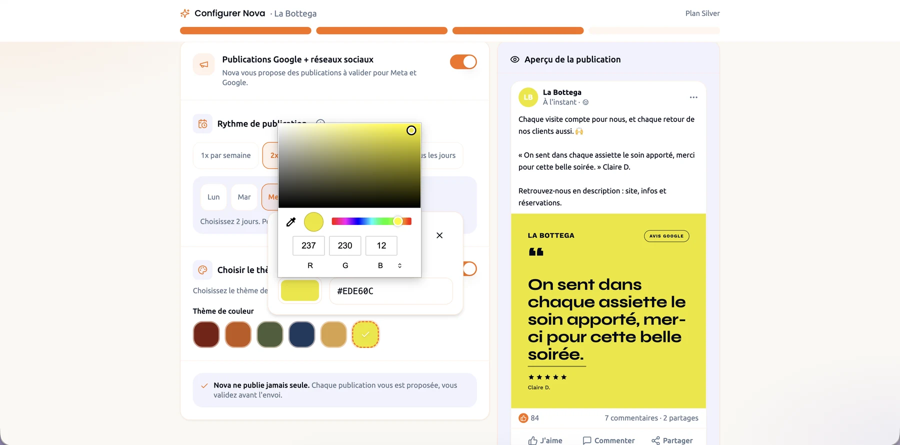 A custom colour picker with a yellow colour, and the post preview in yellow with dark text
