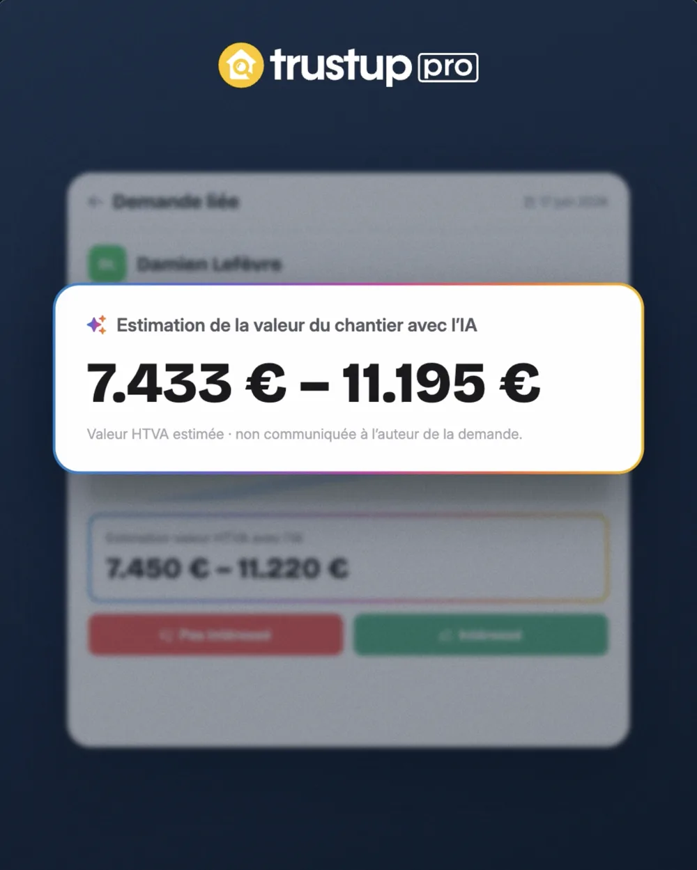 Trustup Pro social post: AI estimate of the value of a job, 7,433 to 11,195 euros